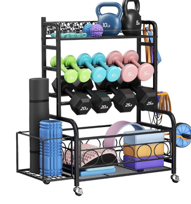 Dumbbell Rack, VOPEAK Weight Rack for Home Gym, Home Gym Storage Rack for Yoga Mat Kettlebells and Strength Training Equipment, Weight Storage Rack for Dumbbells with Wheels