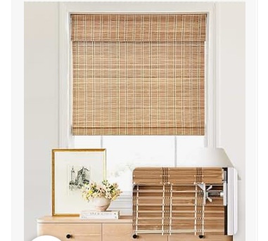 LazBlinds No Tools No Drill Cordless Bamboo Roman Shades, Light Filtering Window Treatment, Roll Up Bamboo Blinds for Window 33'' W x 64'' H, Brown