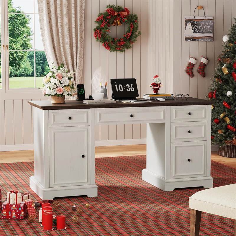 60'' Executive Desk Rectangle Computer Desk With Storage Cabinet And Drawers, Workstation For Office Home