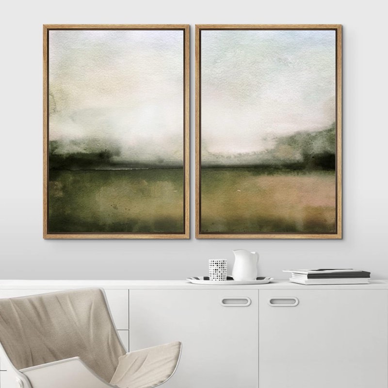 Minimal Landscape Watercolor Green Abstract Ocean Nautical Framed 2 Pieces Canvas Print Wall Art