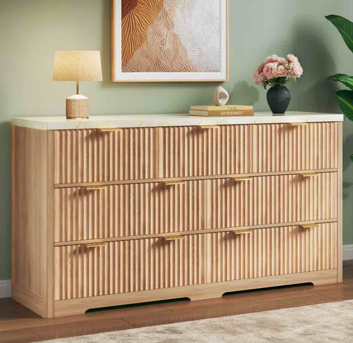 7-drawer Fluted Design Dresser Organizer, Wood Large Chest Of Drawers