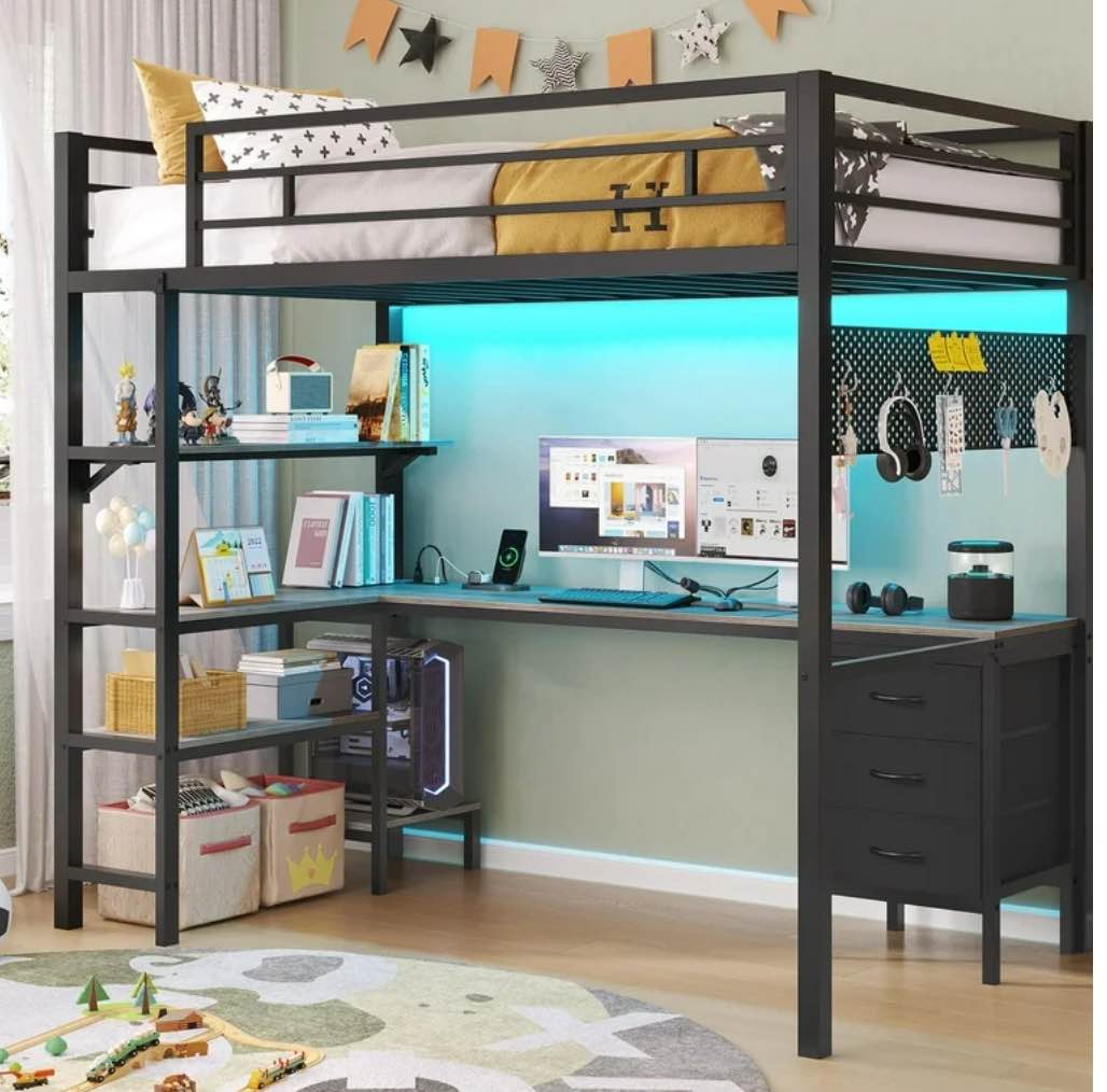 Loft Bed Twin Size with L-Shaped Desk and Charging Station, LED Light Twin Metal Loft Bed with Fabric Drawers and Shelves, Gray