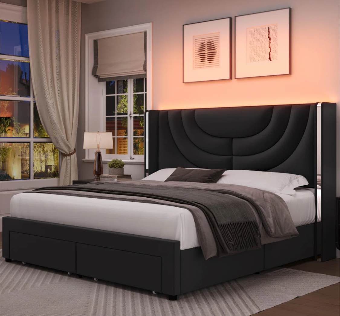 Sturminster Velvet Upholstered LED Bed with Wall Wash Light, Platform Storage Bed with 2 Drawers, RGB Lighting & Wingback Headboard, No Box Spring Needed, Modern Luxury Bed (Beige/Black/Pink)