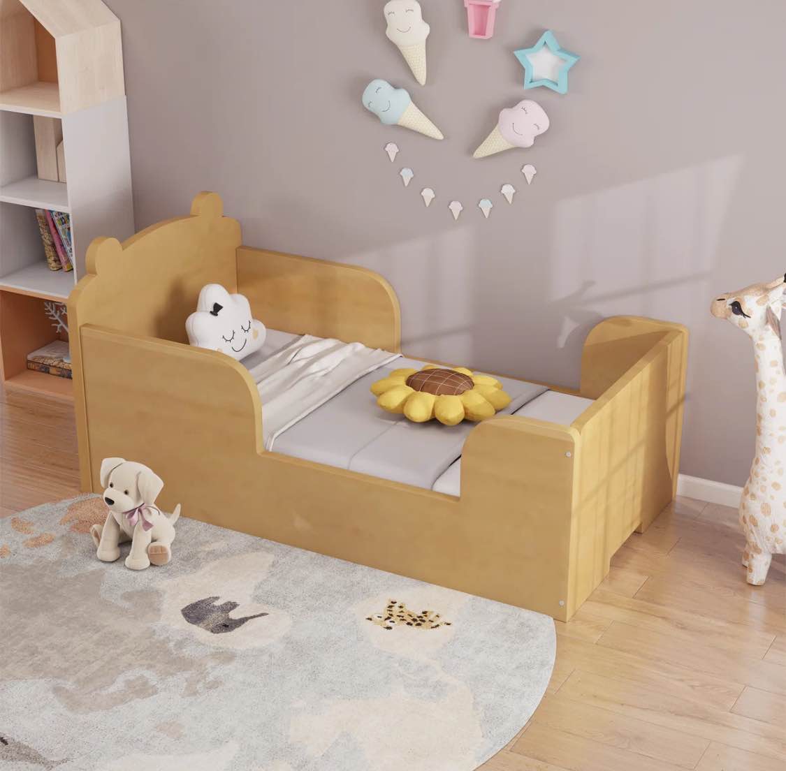 Baby Floor Bed - Bear-Shaped Toddler Bed Frame With Plywood Construction, Montessori Floor Bed For Kids & Infants