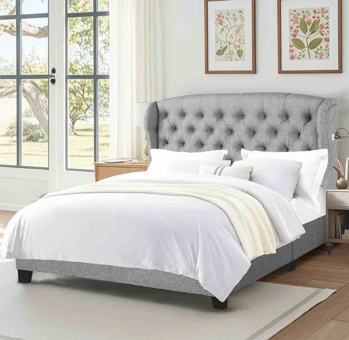 Fabric Upholstered Bed,Tufted Headboard Adjustable Height Bed Frame