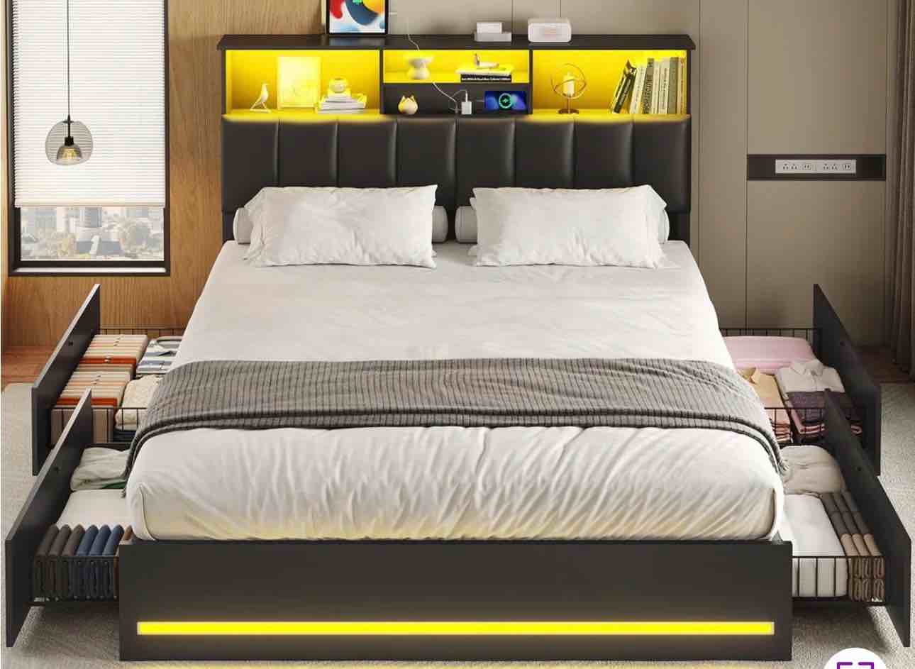 Upholstered Platform Bed Framed Full Size Charging Station 4 Drawers and LED Lights ( Has a small rip Shown in pictures)