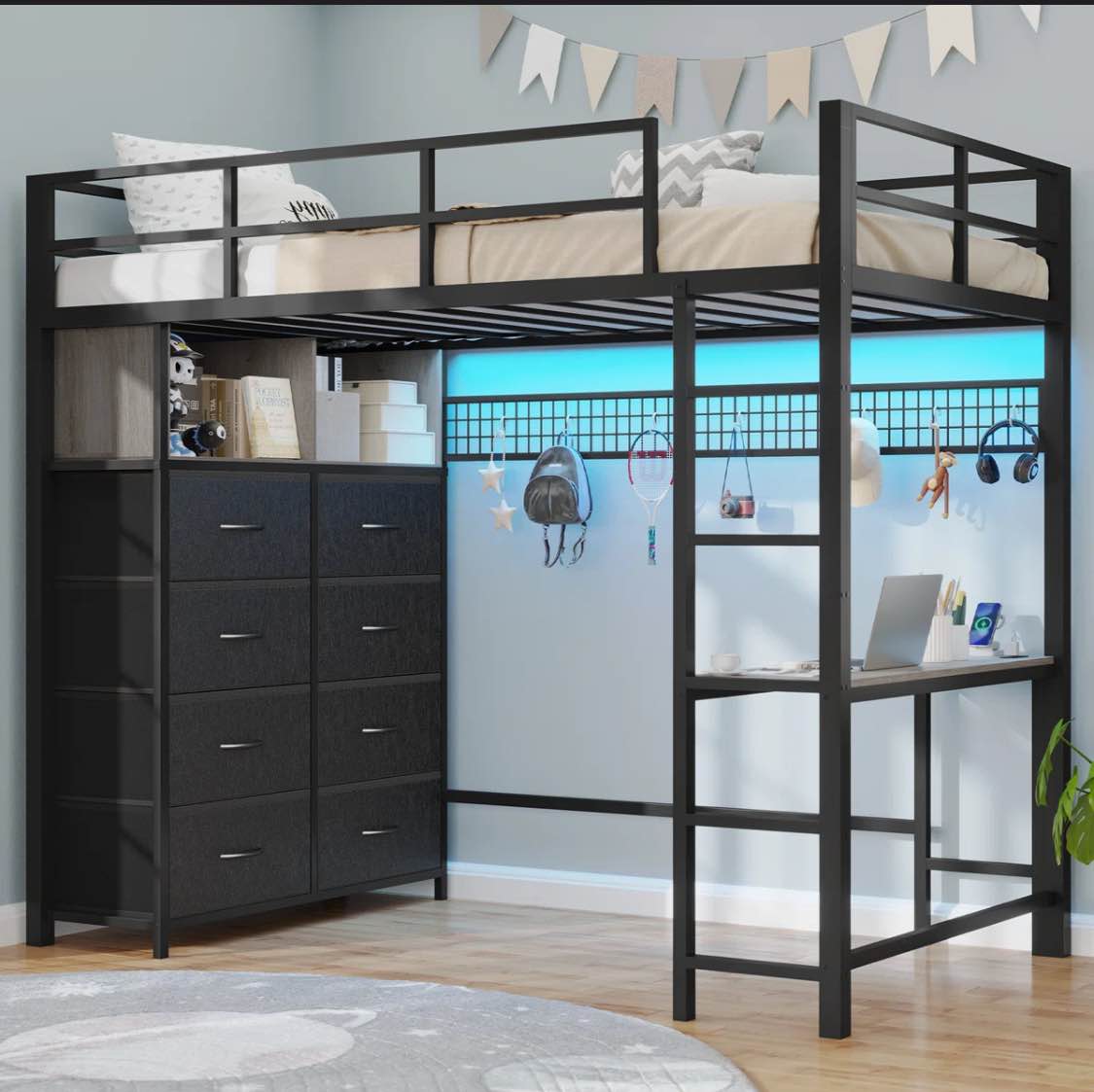Loft Bed With Desk And 8 Storage Drawers, Metal Loft Bed With Led Lights & Charging Sation, Storage Shelves, 13.1" H Safety Guard & Ladder, No Box Spring Needed, ( incomplete)