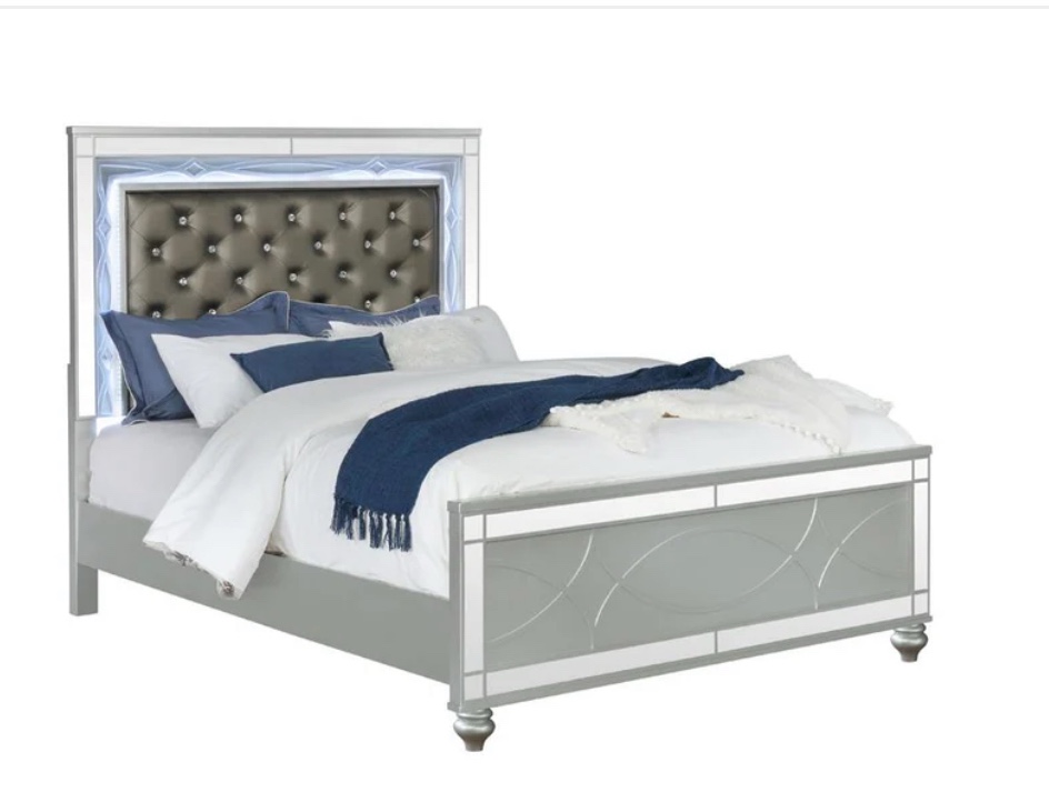 Gunnison Silver Metallic Eastern King Panel Bed with LED Lighting (3 boxes total)