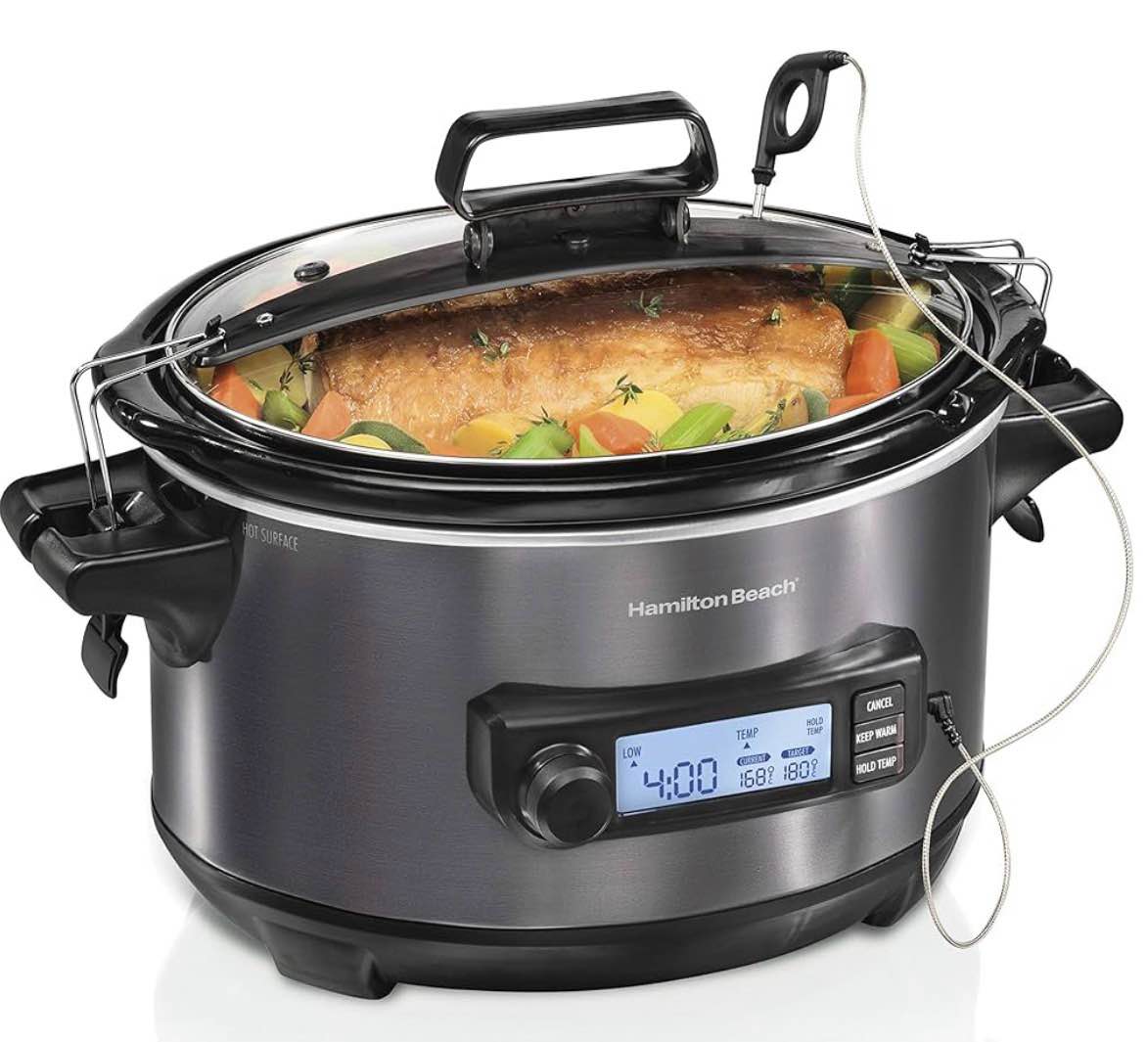 Hamilton Beach Portable 6 Quart Set & Forget Digital Programmable Slow Cooker with Lid Lock, Temperature Probe, Dishwasher Safe Crock & Lid, Black Stainless (33866)