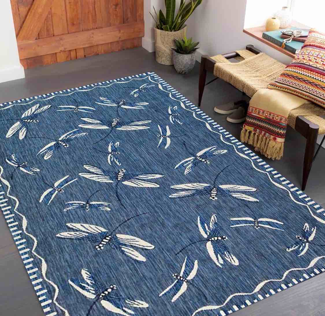Blue Area Rug 5x7ft Washable Vintage Rugs Modern Non Slip Indoor Floor Carpet Animals Pattern Mats for Living Room Bedroom Dining Room Kitchen Home Decor