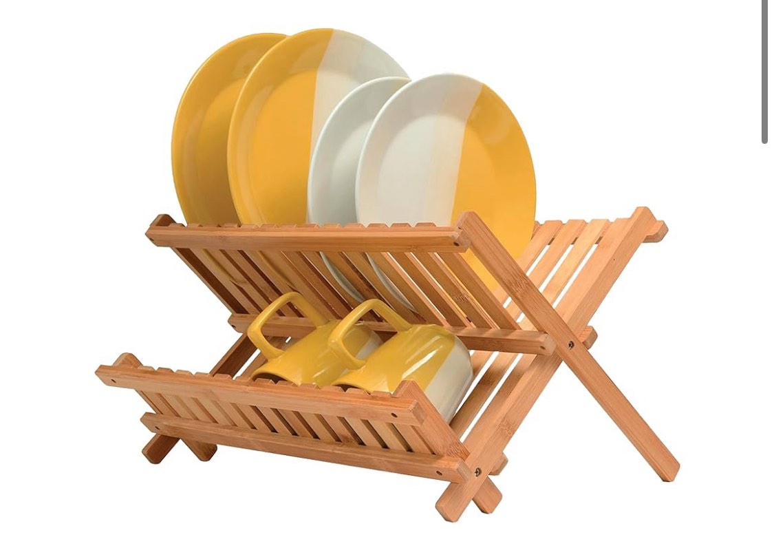Bamboo Dish Drying Rack - 2-Tier Collapsible & Foldable Countertop Organizer, Natural Eco-Friendly Wood, Space-Saving Design for Plates, Bowls, Cups
