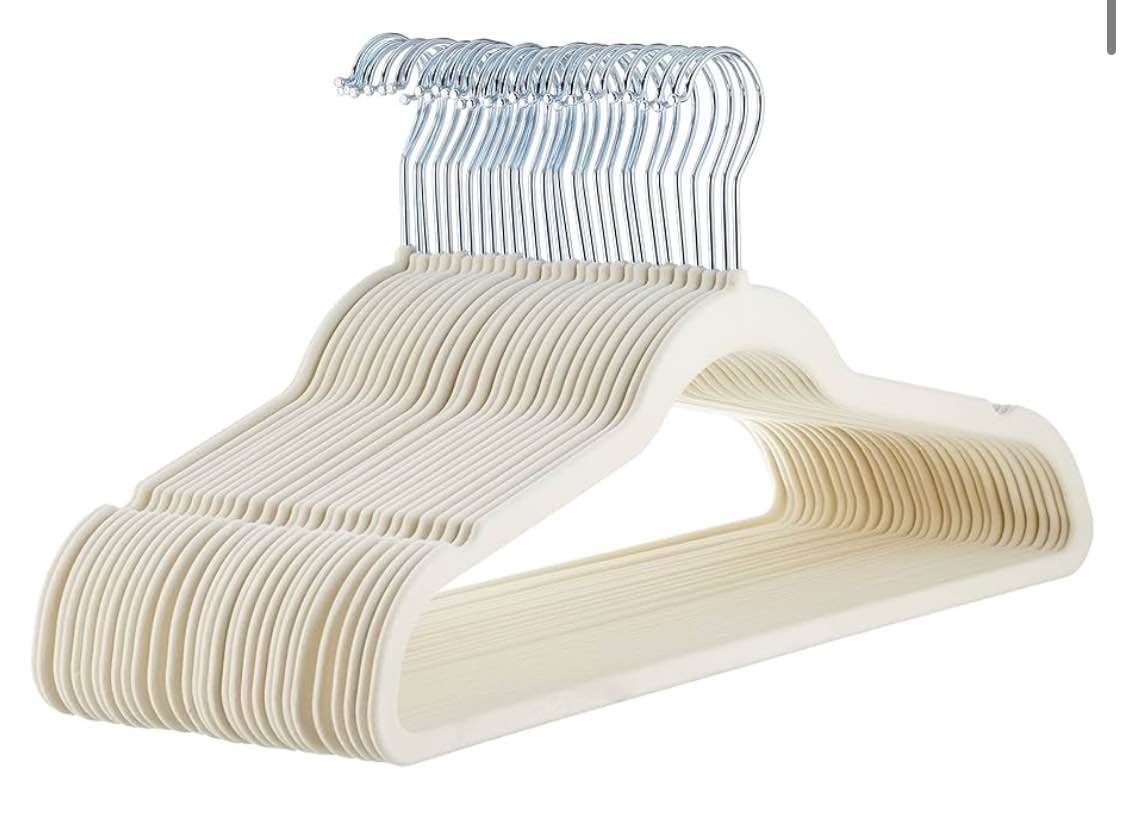 Amazon Basics Slim, Velvet, Non-Slip Suit Clothes Hangers, Ivory/Beige- Pack of 15