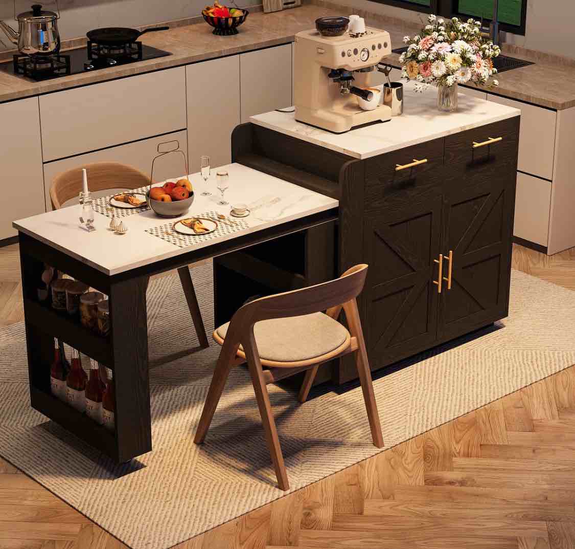 70.8" Transitional Style Kitchen Island With Extendable Dining Table For 2-4 People, Rolling Kitchen Island Table With Storage And Charging Station