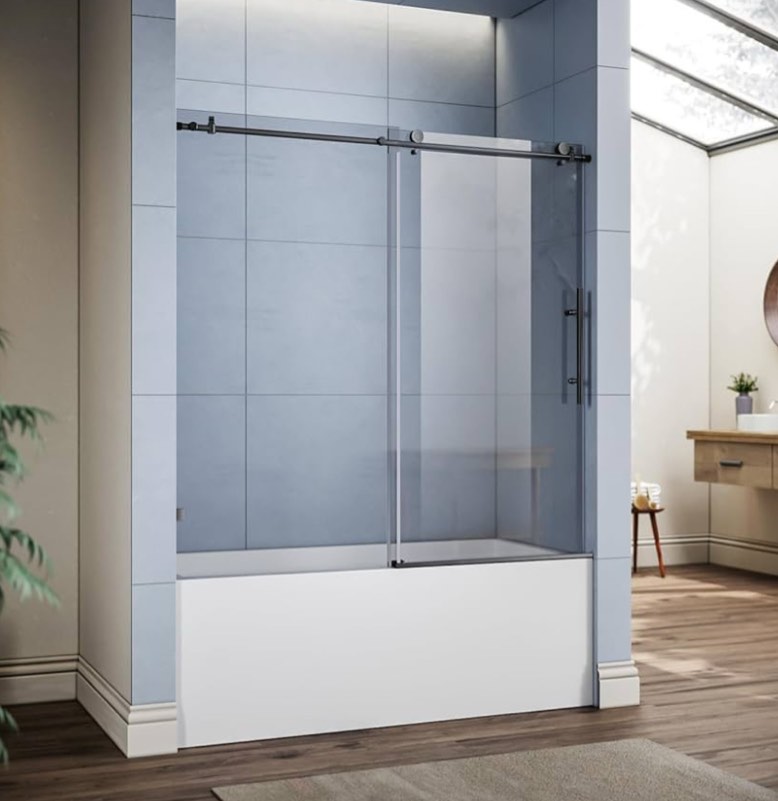 SUNNY SHOWER Frameless Shower Door,Sliding Shower Doors for Bathtub with 3/8" Tempered Glass in Polished Black Track, 58.5-60 inch. W x 62 in. H