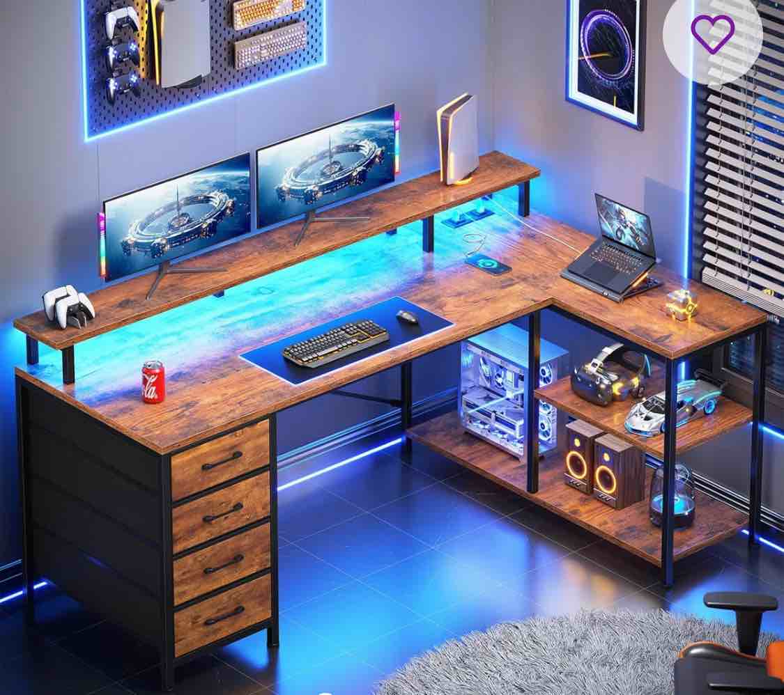 Shaped Desk With 4 Drawers And Storage Shelves, L Shaped Gaming Desk With Led Lights & Power Outlets, Computer Desk With Shelves & Drawer, Corner Desk Home Office Desk
