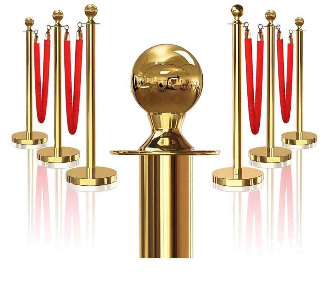 6PCS Gold Stanchions Posts with 4PCS 5 ft Red Velvet Rope, Red Velvet Rope Stanchion Set Crowd Control Barriers, Stanchions and Velvet Ropes Red Carpet Poles for Party Supplies