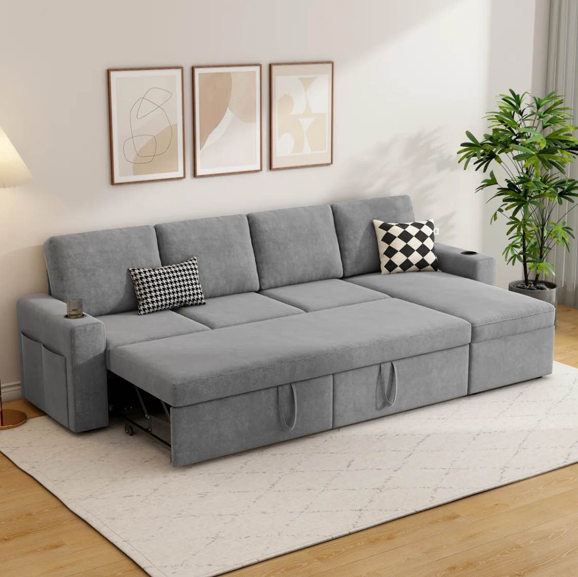 Hatuner 100.5'' Upholstered Sleeper Sofa, L-Shaped Sofa Bed with Storage Chaise ( incomplete)