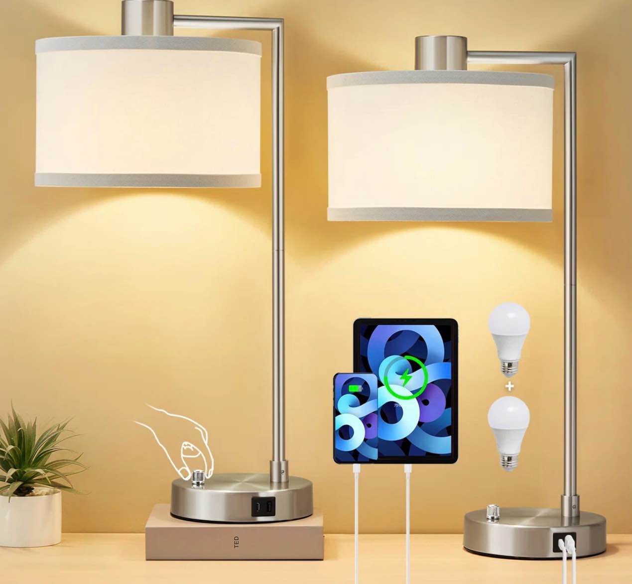 Navreet Table Lamp Set with USB C+A Charging Ports Fully Stepless Dimmable Bedside Lamp ( Bulbs Included) Set of 2