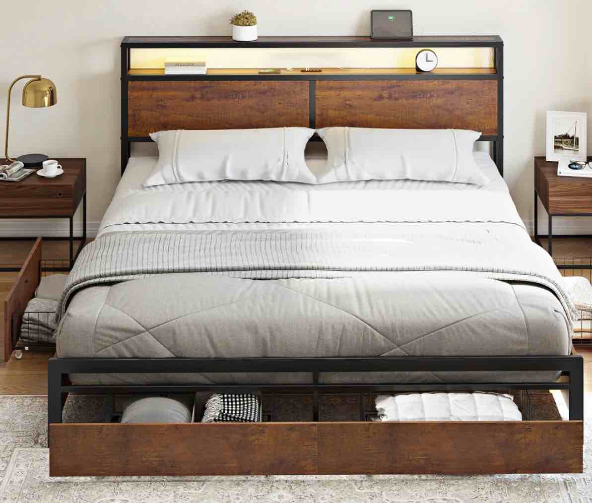 Antioch King Bed with 4 Drawers and Open Storage Headboard Adjustable LED Light and Charging Station NoBox Spring Needed