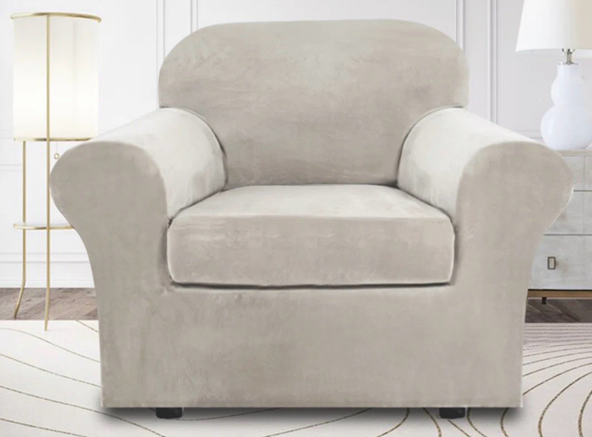 Rich Velvet Stretch 2 Pieces Box Cushion Armchair Slipcover with 1 Cushion cover