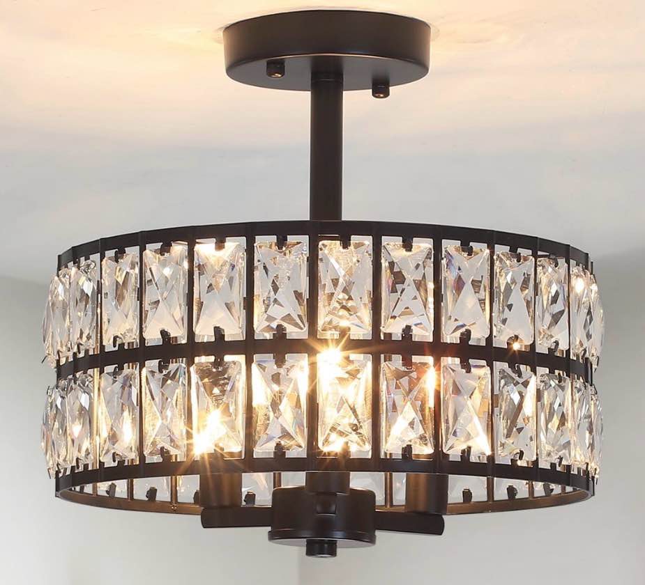 3-Light Crystal Semi Flush Mount Lights for Living Room Hallway Black