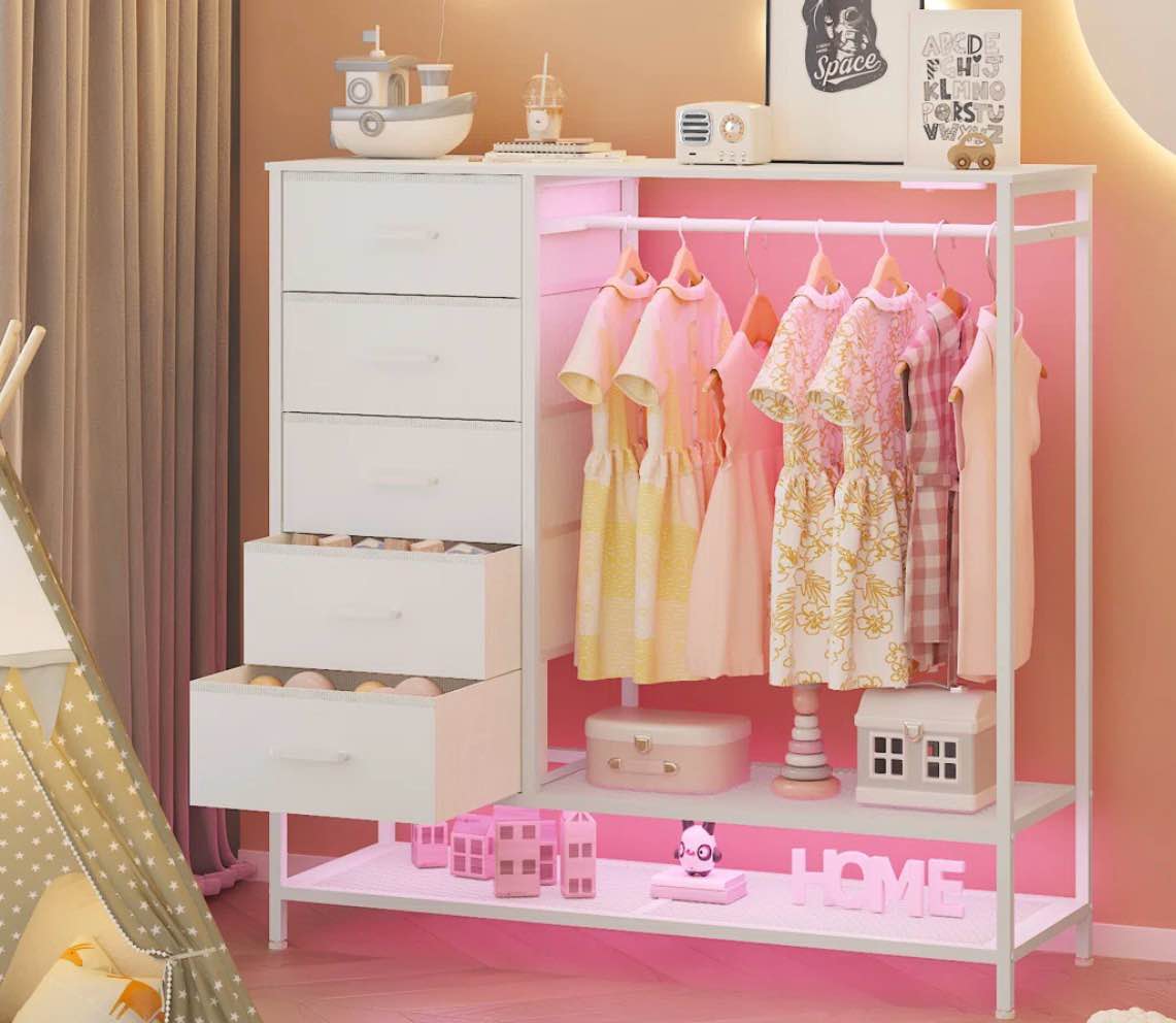 47.2" W 5 - Drawer Dresser For Bedroom With Hanging Rack LED Lights and Charging Station 