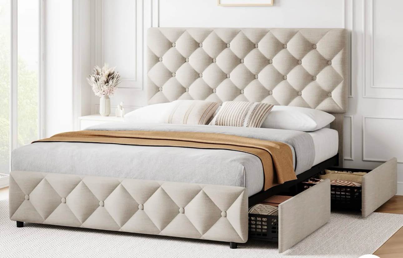 Garvee Queen Size Bed Frame with 4 Storage Drawers and Adjustable Headboard, Linen Upholstered Platform Bed Frame with Adjustable Headboard, Diamond Stitched Button Tufted, No Box Spring Needed - Off White