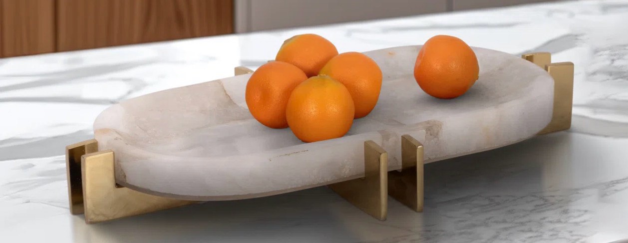 Nissim White Quartz & Gold Iron Oval Decorative Tray 14"