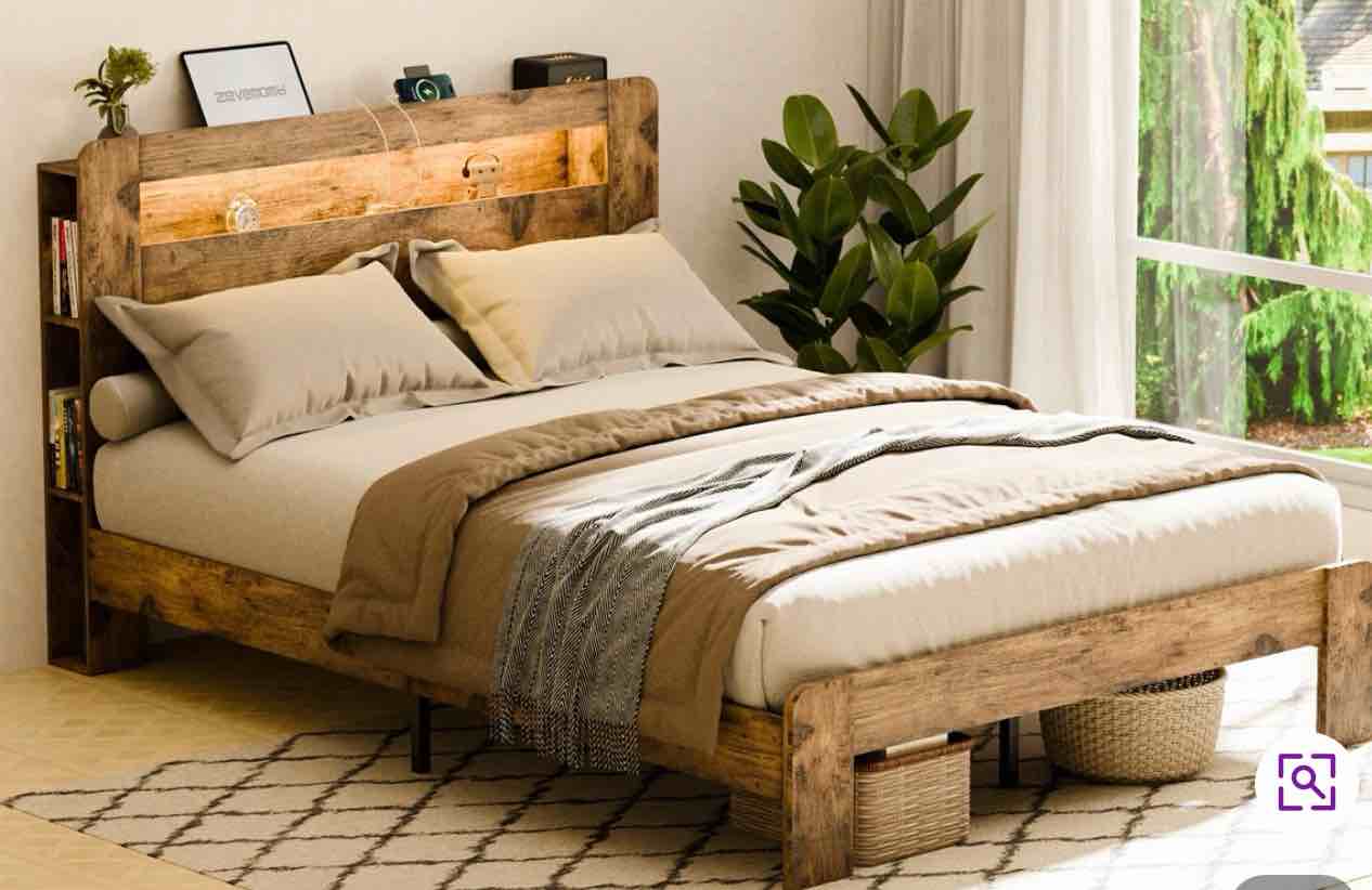 Rustic Wooden Platform Bed with Charging Station LED Lights and Storage Shelves Full Size