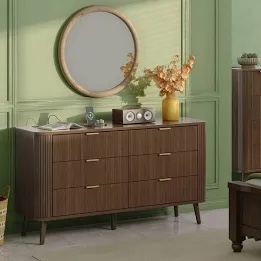 6 Drawer Dresser for Bedroom, Mid Century Modern Dressers, 57" Wide Wood Dresser TV Stand, Curved Profile Design for Closet, Bedroom Living Room, Hallway, Entryway, Home Office