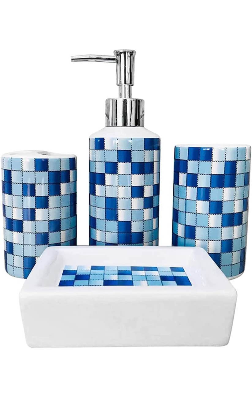 4 Pieces Ceramic Bathroom Accessories Set Modern Mosaic Design Style Bath Set Soap Dispenser Toothbrush Holder Tumbler Soap Dish for Birthday Gift and Home Decor
