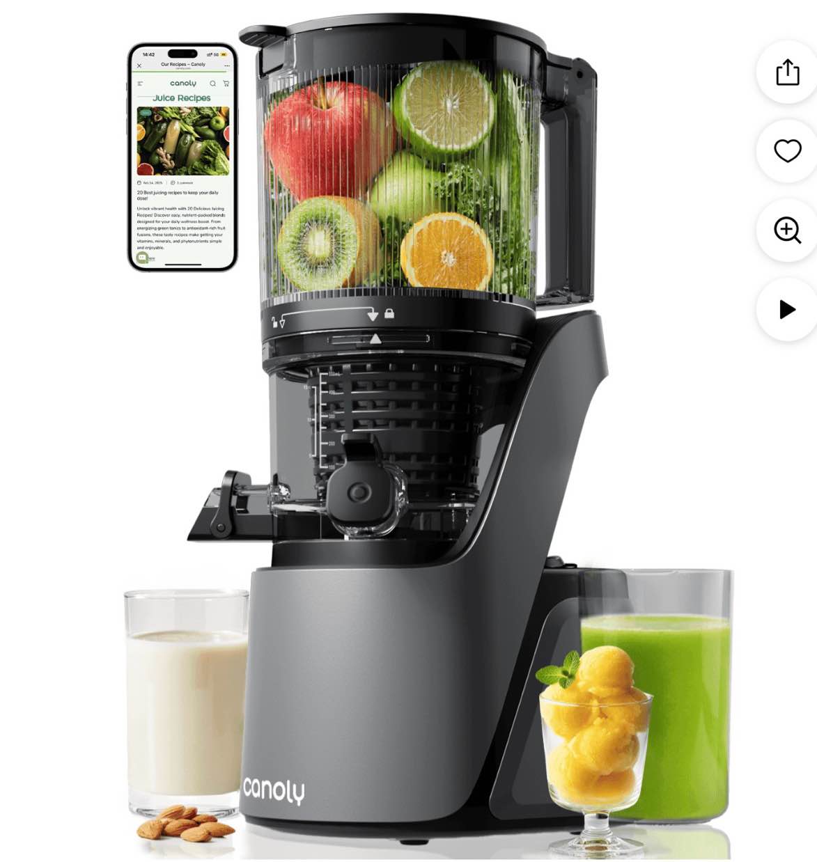 Canoly C16 Cold Press Juicer - 250W AC Brushless Motor for Whole Fruits Batch Juicing, Quiet Slow Juicing, BPA-Free, Easy Clean,Black ( Used)