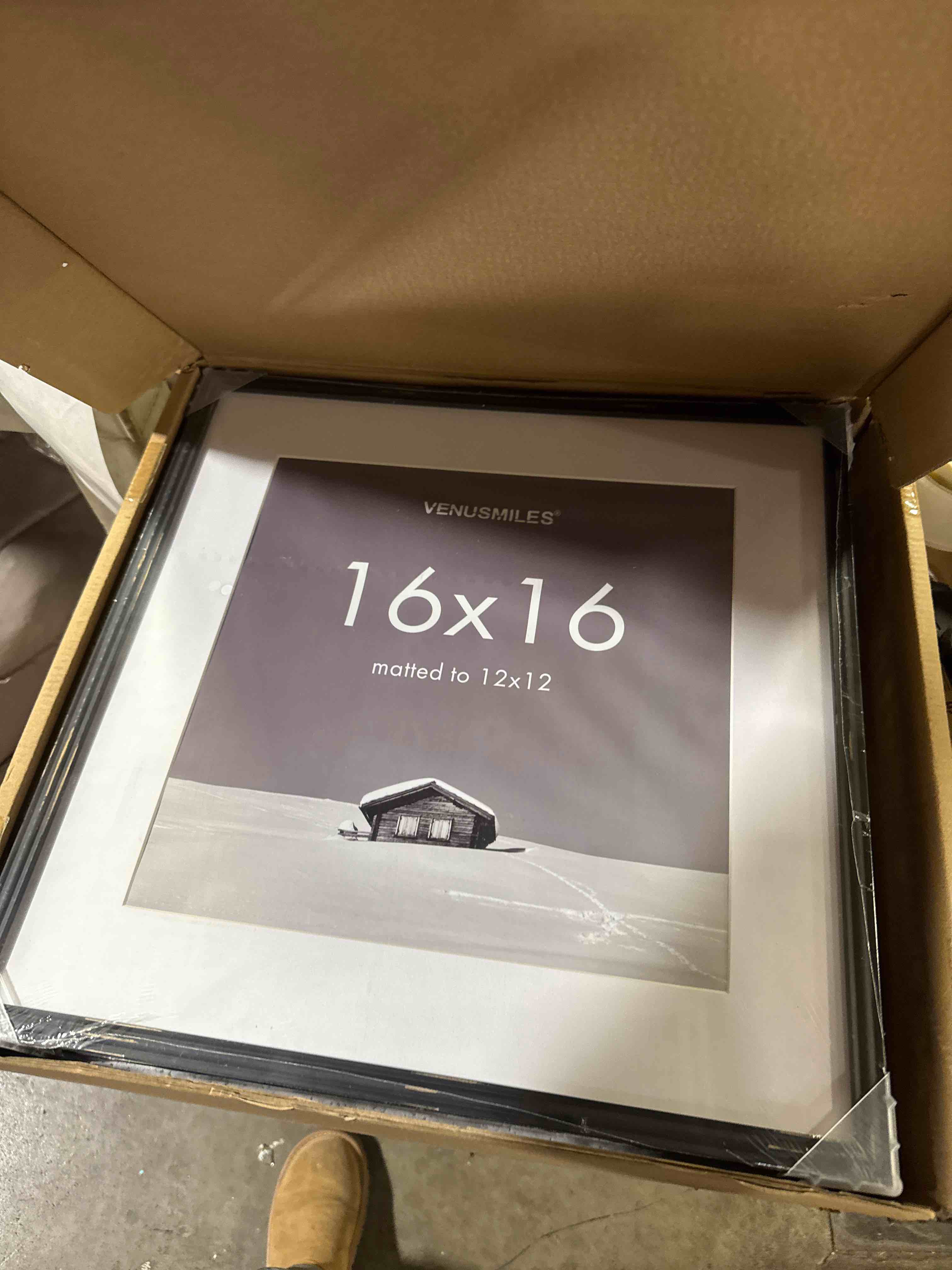 Condition photo showing Good Condition for 16x16 Picture Frame, Display 16x16 Photo Frames - High Definition Plexiglass - Vertical and Horizontal Display - Wall Hanging or Table Top Frame - Black, 3 Pack 16x16, 3P Black