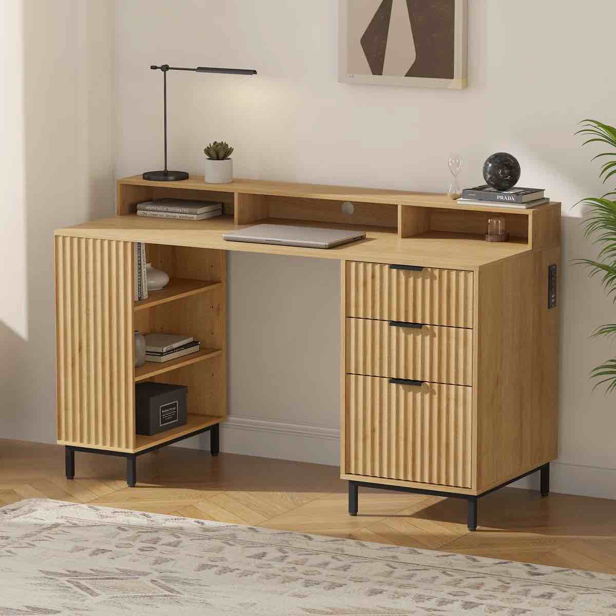 55" Fluted Executive Office Desk With Storage Shelf & File Drawer By Latitude Run®