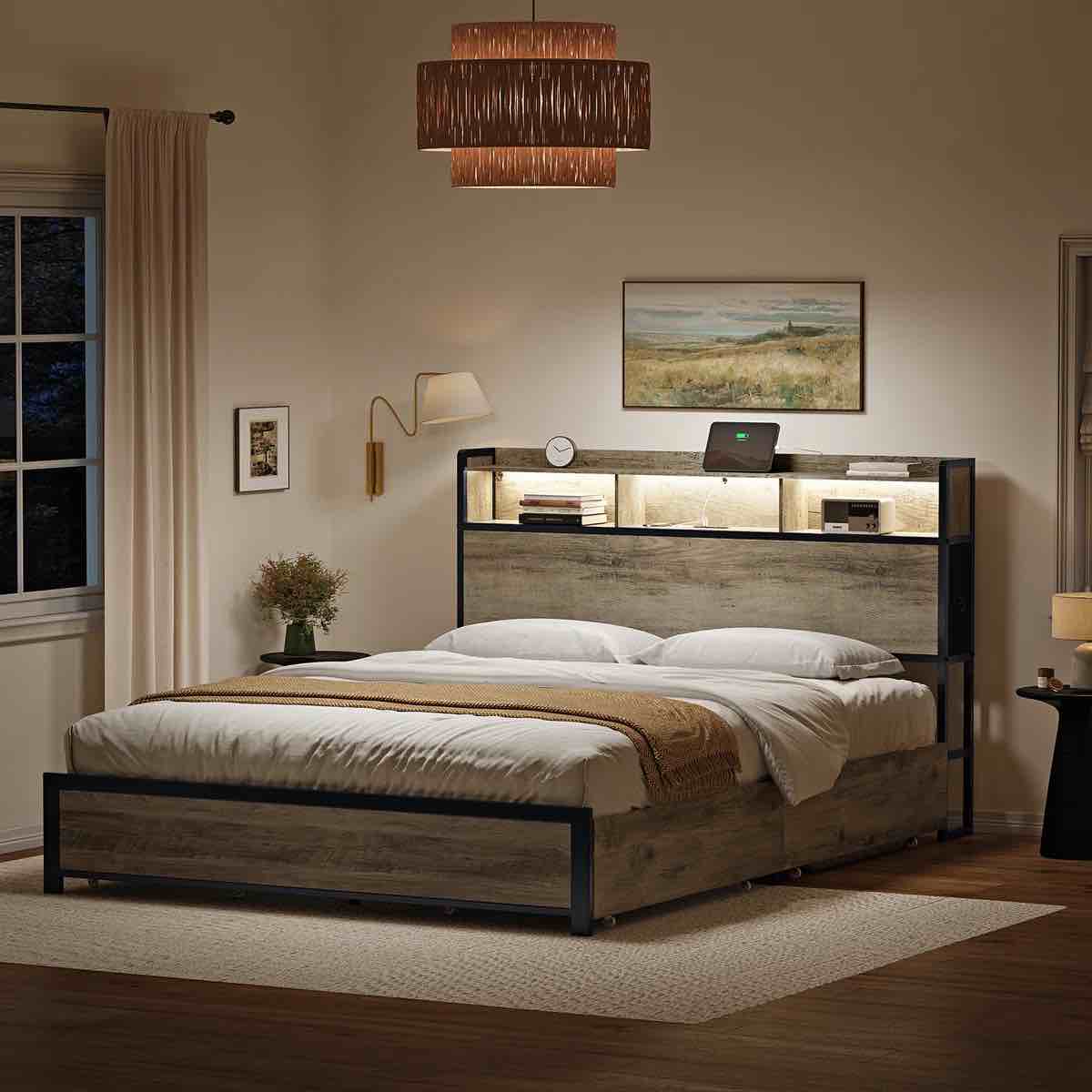 Antioch Queen Bed Frame with 2 Underbed Drawers, Modern Platform Bed with Charging Station & LED Light, Storage Headboard with 2 Bedside Drawers & Open Bookcase Shelves, Gray By 17 Stories