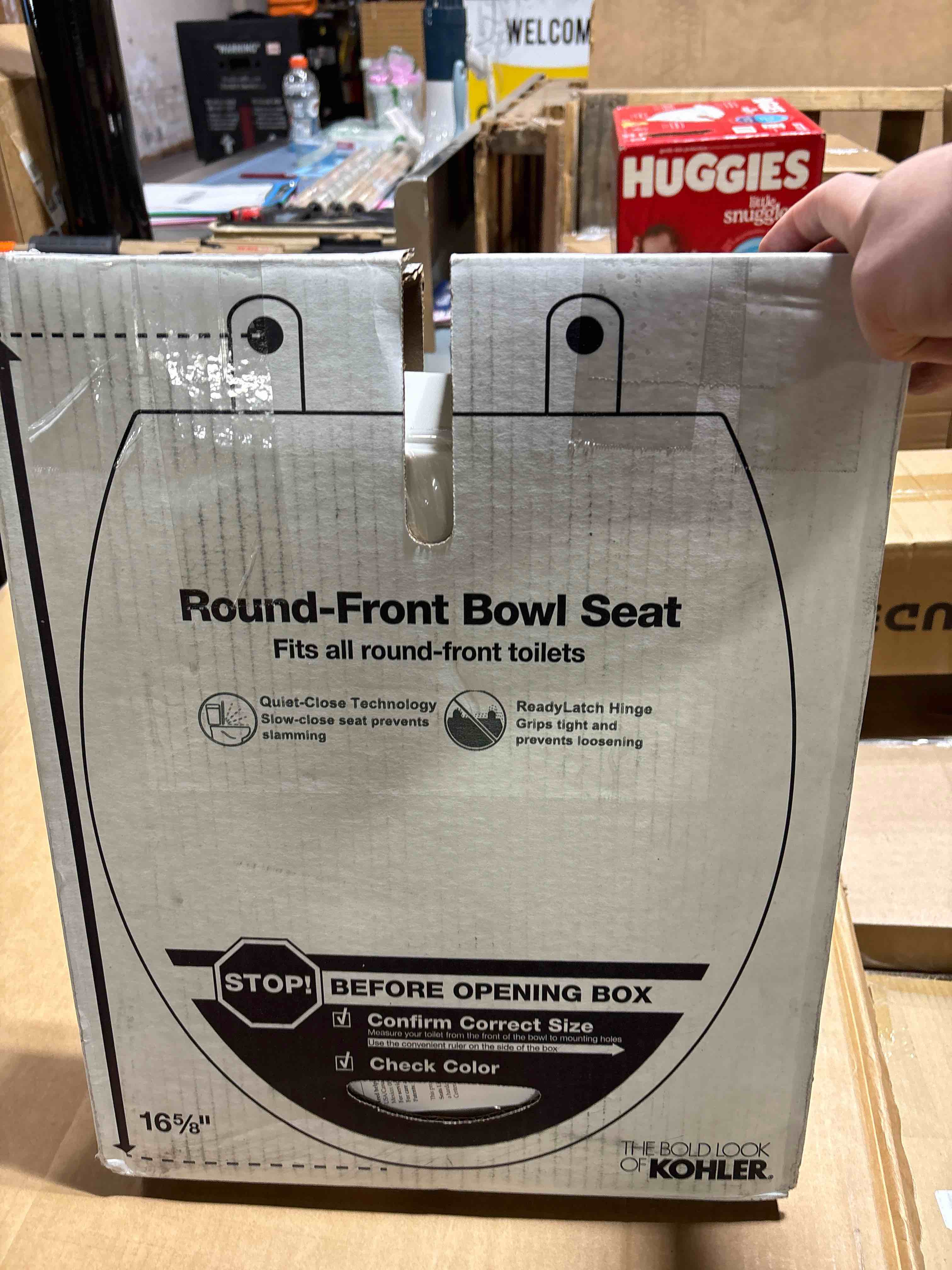 Condition photo showing New/Like New for KOHLER 4639-RL-0 Cachet ReadyLatch Round Toilet Seat Soft Close, White White Round Ready Latch