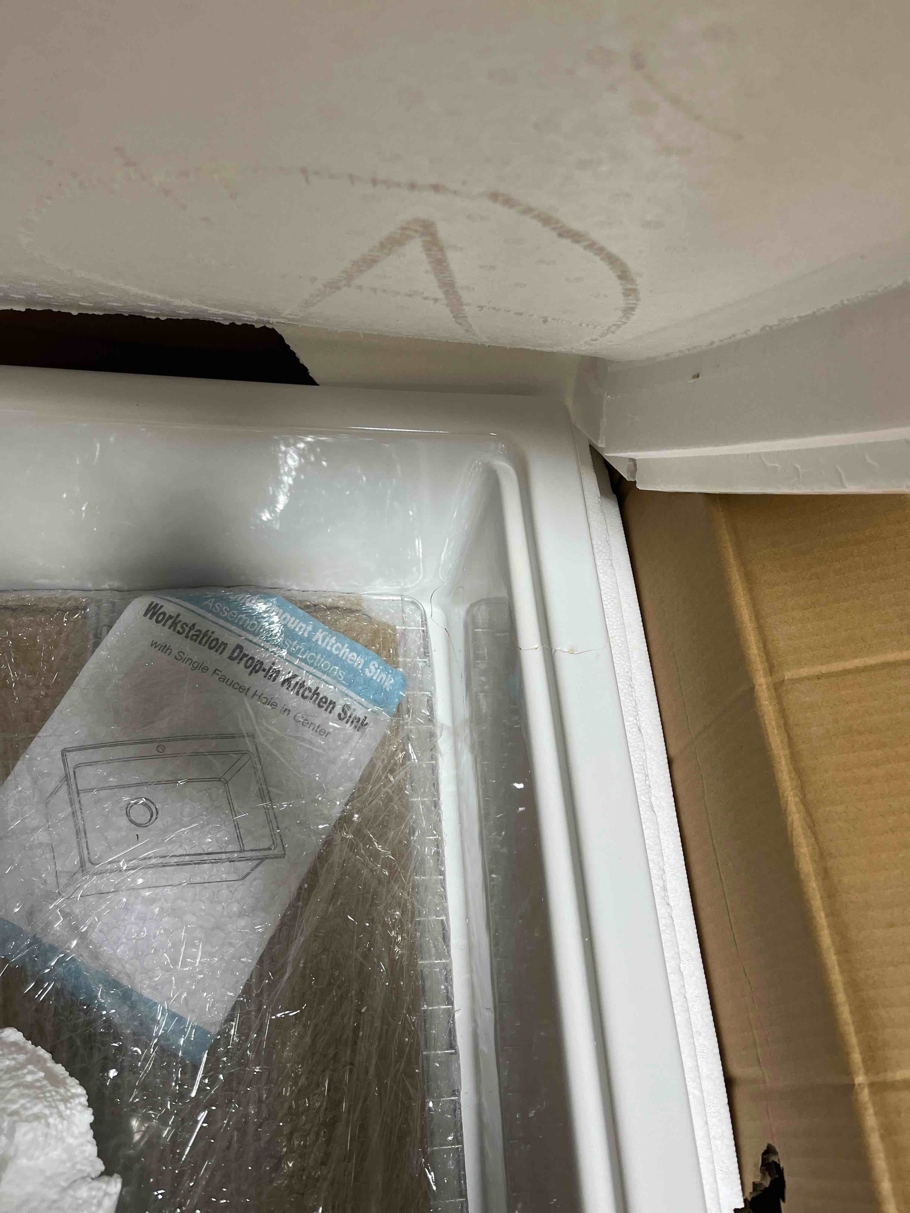 Condition photo showing As Is for 33x22 Drop In Kitchen Sink Workstation White 1 Hole, 33 Inch Large Fireclay Workstation Sink Drop In Single Bowl, Topmount, with 4 Accessories (Cutting Board Included), for Kitchen