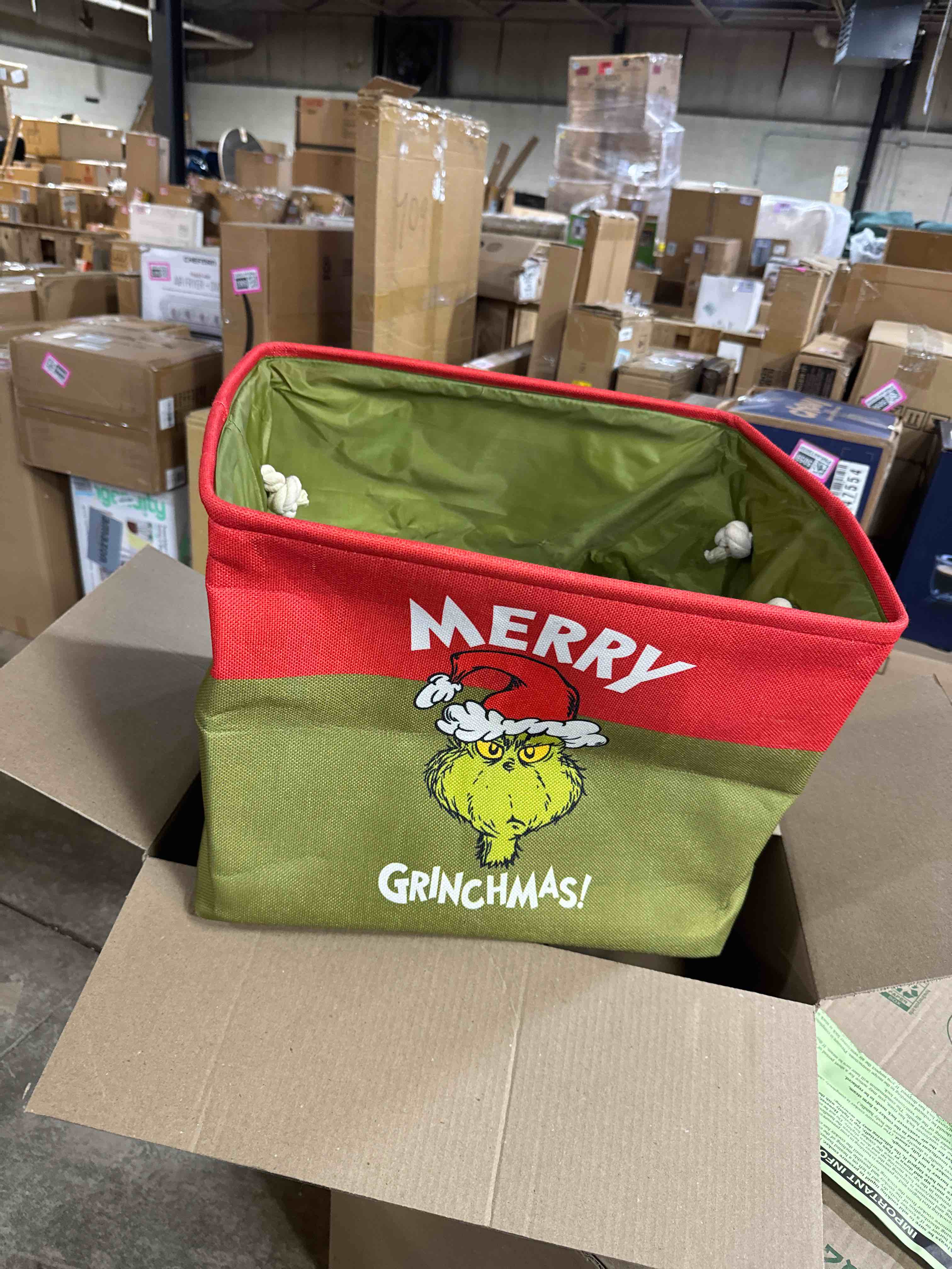 Condition photo showing Good Condition for Department 56 Snowpinions Dr. Seuss Merry Grinchmas Gift Tote Storage Bin, 17 by 14 Inch, Multicolor