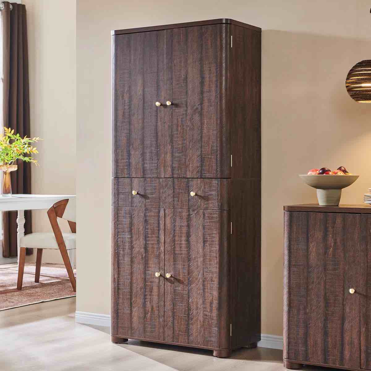 71" tall kitchen pantry, modern curved pantry storage cabinet with 4 doors and 6 adjustable shelves, cupboard for kitchen, dining room, living room and bathroom