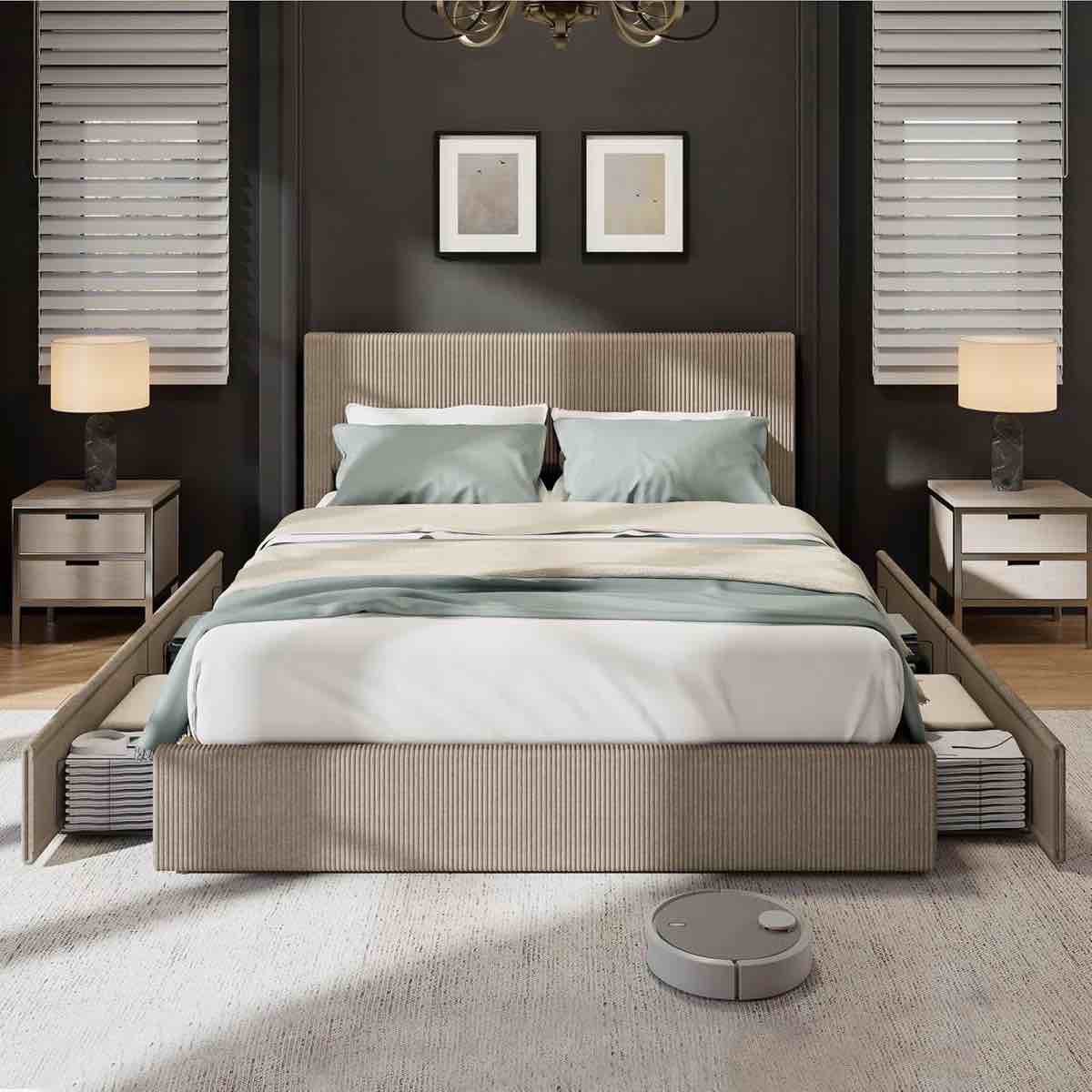 bed frame, full/queen/king platform bed w/ 4 storage drawers, upholstered corduroy channel tufted headboard bed frame w/ strong wooden slat support