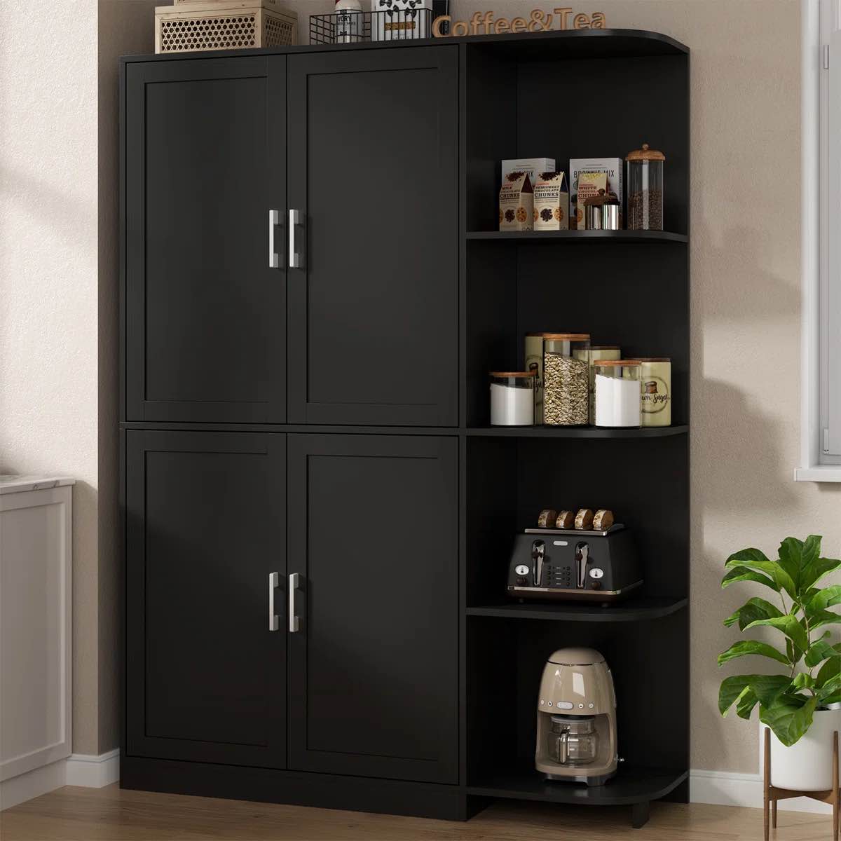kitchen pantry storage cabinet, food pantry cabinet with doors & adjustable shelves, 64" freestanding cupboard, tall kitchen cabinet with 5-tier external shelf for kitchen, dining room