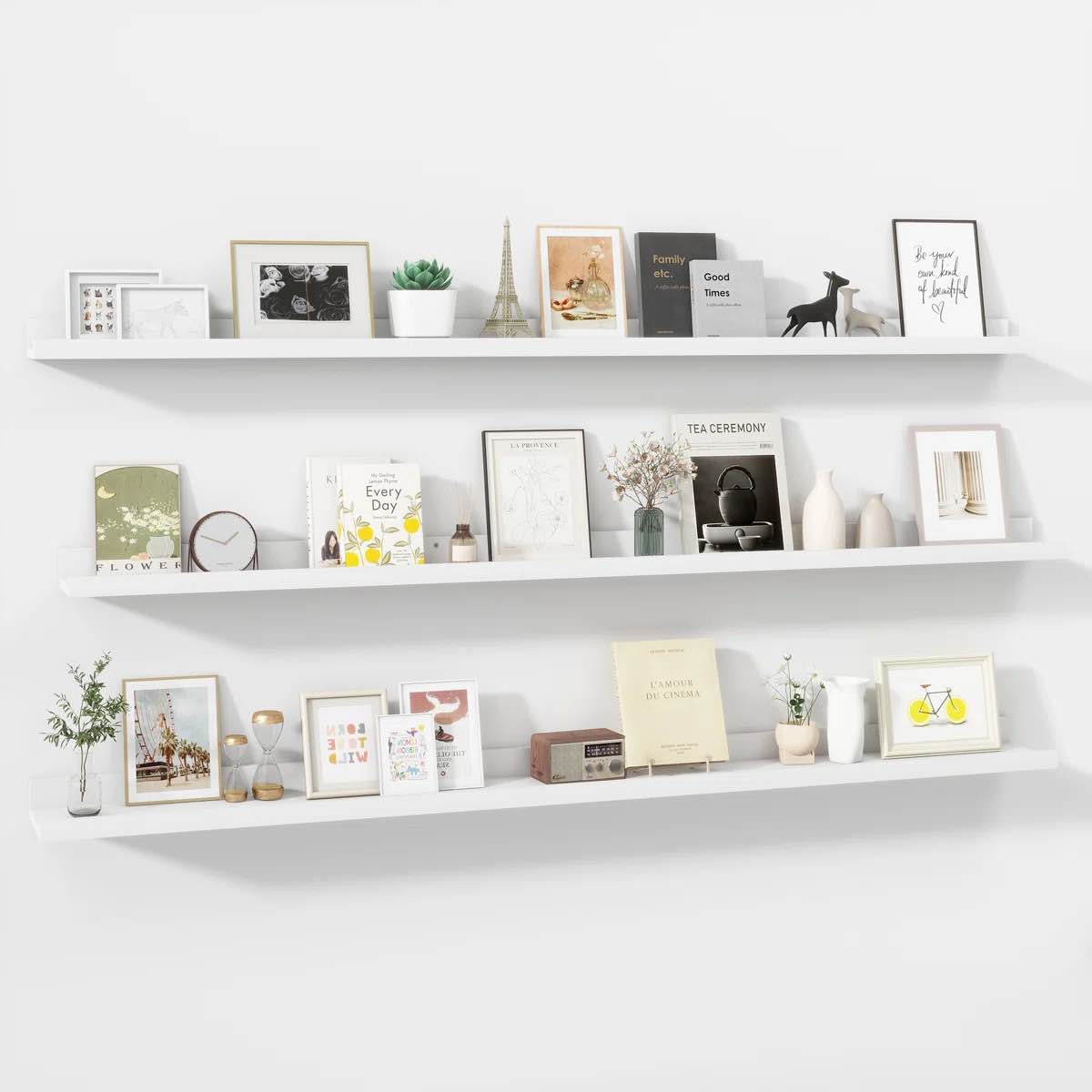 wall-mounted floating shelves for bedroom, living room (set of 3)