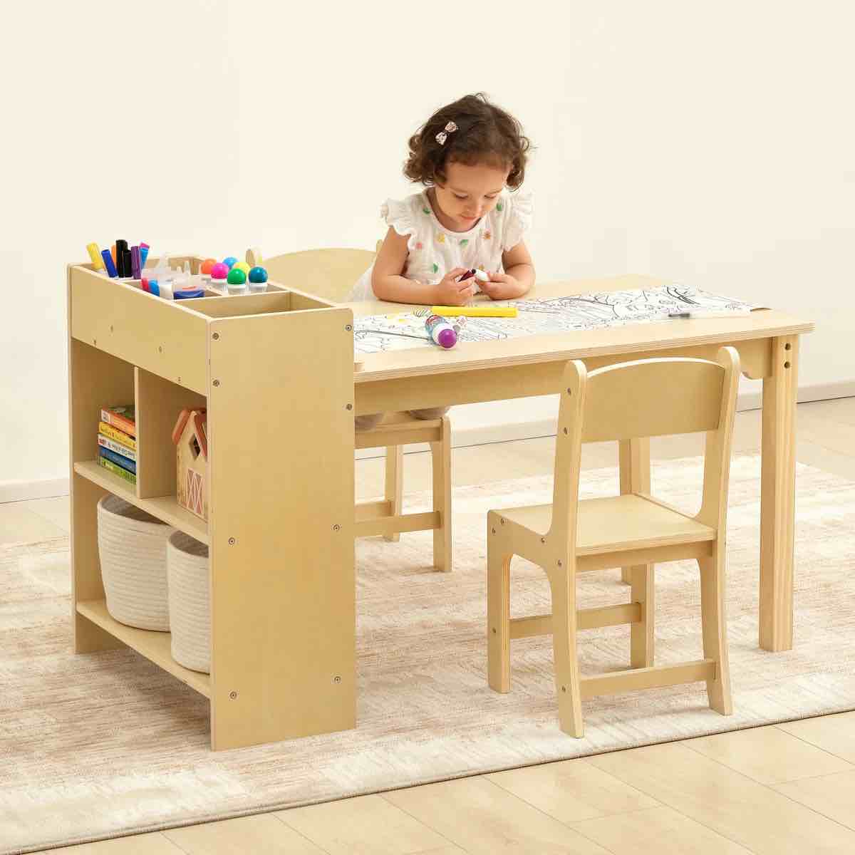 kids art table and 2 chairs, toddler activity table with large storage shelves
