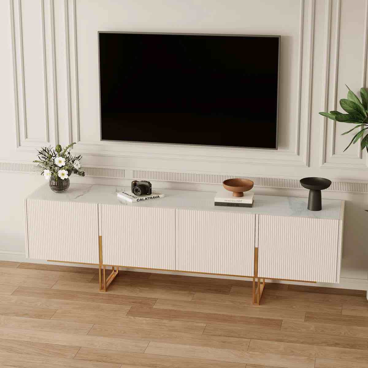 pierpoint modern luxury tv stand, entertainment center with faux marble top, tv console with gold stainless steel legs by everly quinn