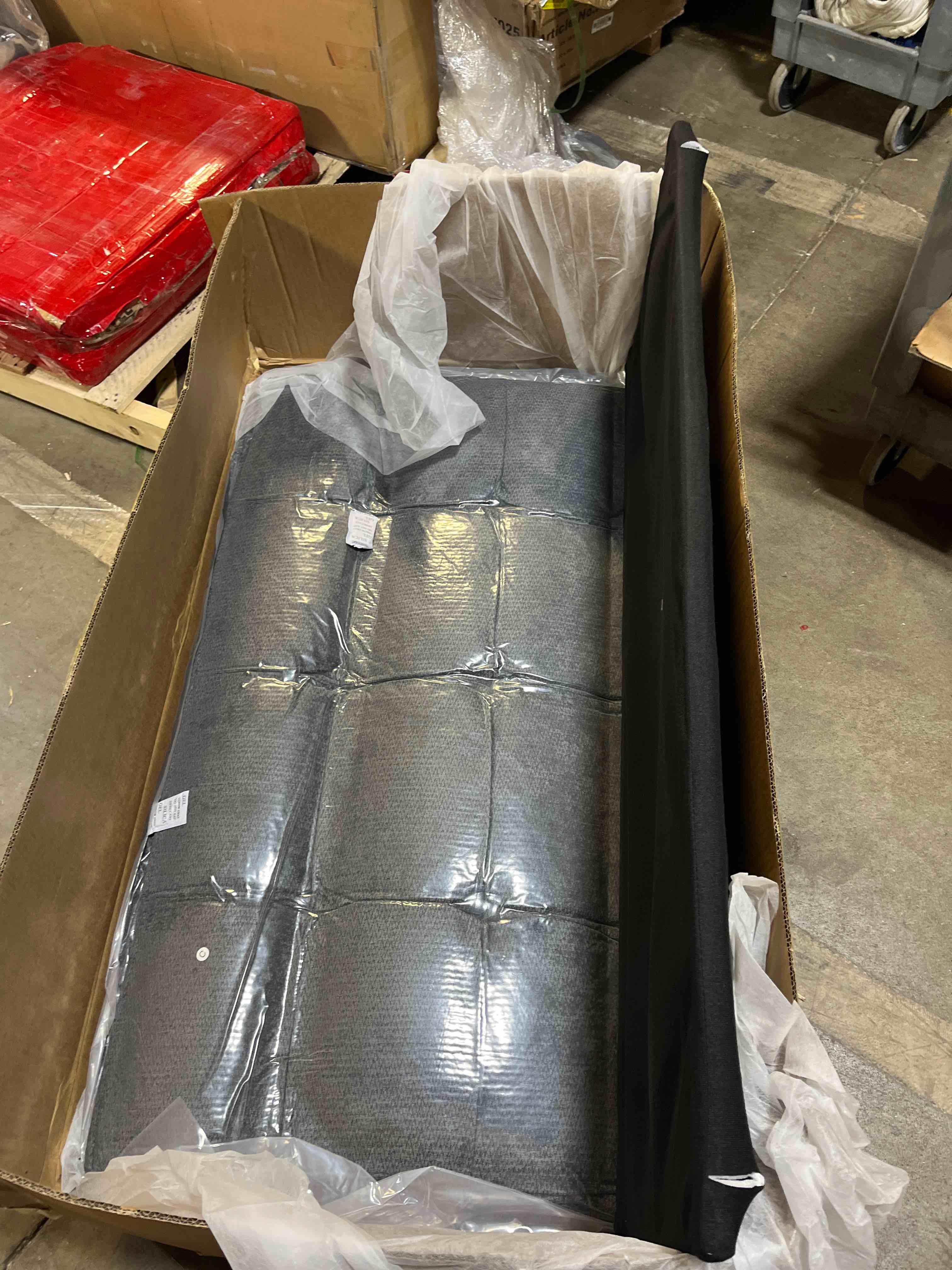 Condition photo showing As Is for Amazon Basics Futon Sofa Bed, Convertible Memory Foam Sofa Couch Modern Loveseat Sleeper for Small Compact Living Room,Office,Apartment,Dark Grey Linen Fabric