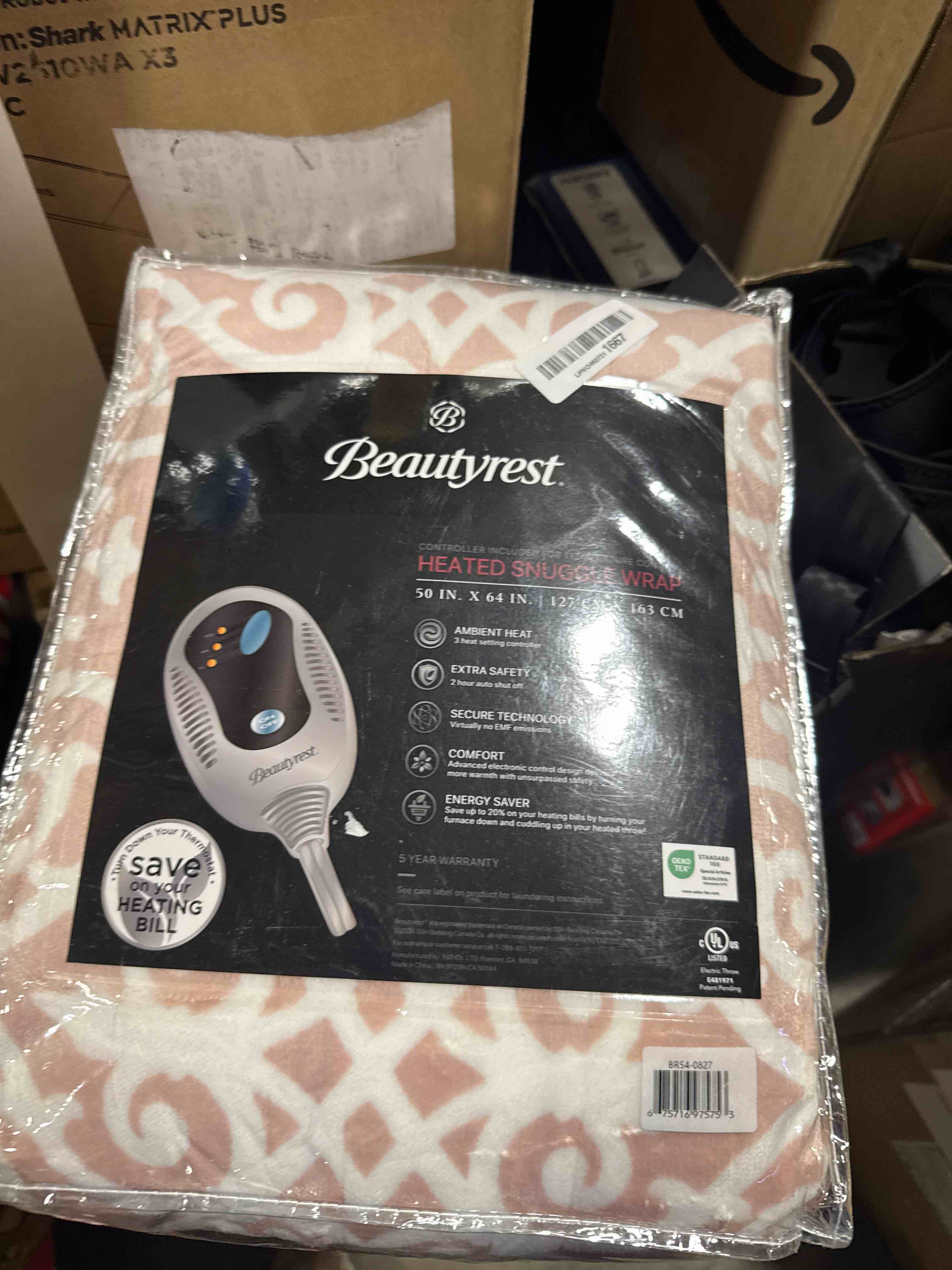 Condition photo showing New/Like New for Beautyrest Soft Sherpa Fleece Electric Throw Heated Blanket Wrap with Auto Shutoff Blush Lattice 50 x64