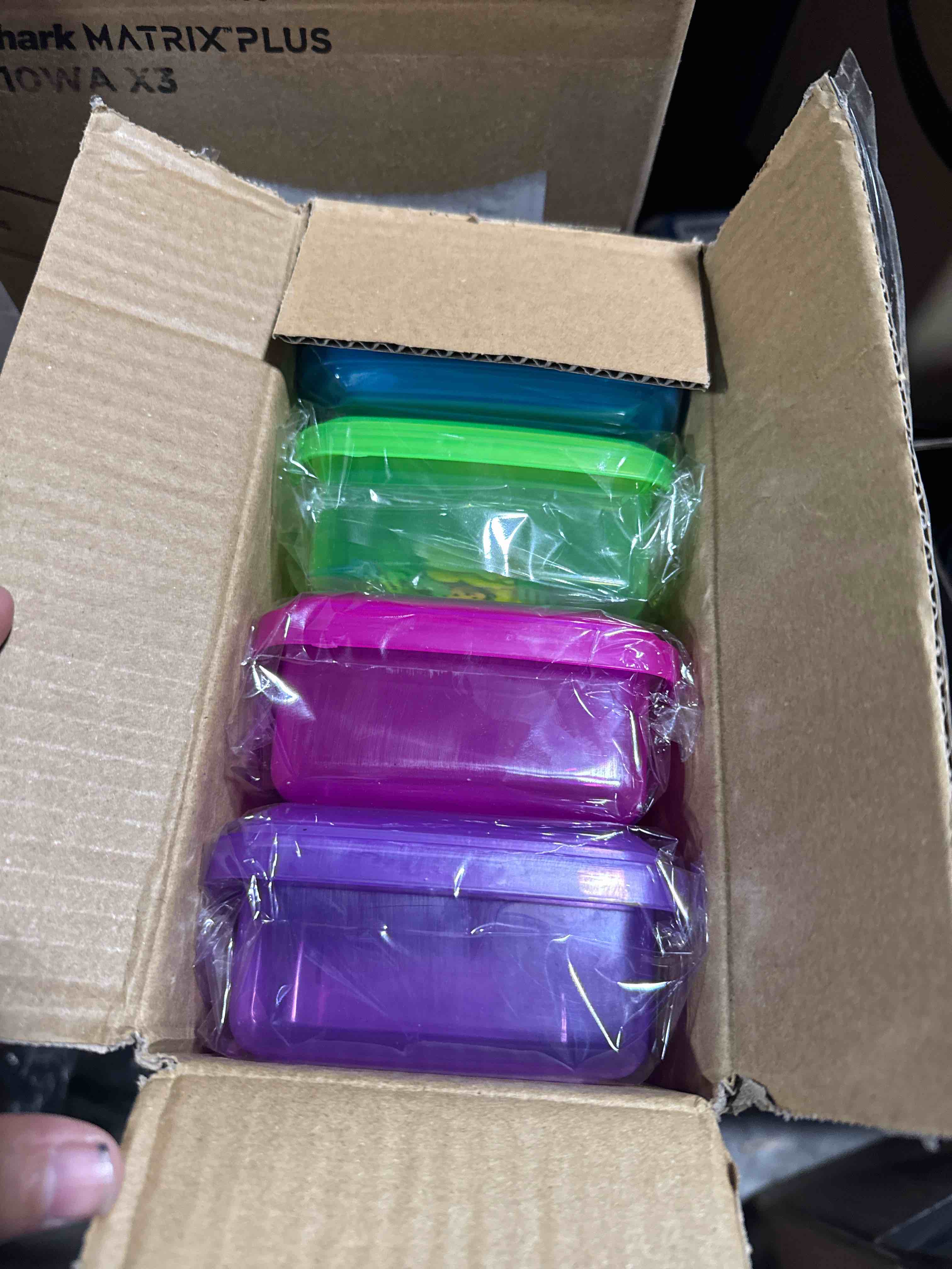 Condition photo showing New/Like New for 4 Pack Plastic Snack Containers with Lids, 2 Compartment Food Container for Kids Snack Box, Travel Bento Lunch Containers with forks for Fruits/Candies, Divided Food Storage Containers for Meal Prep