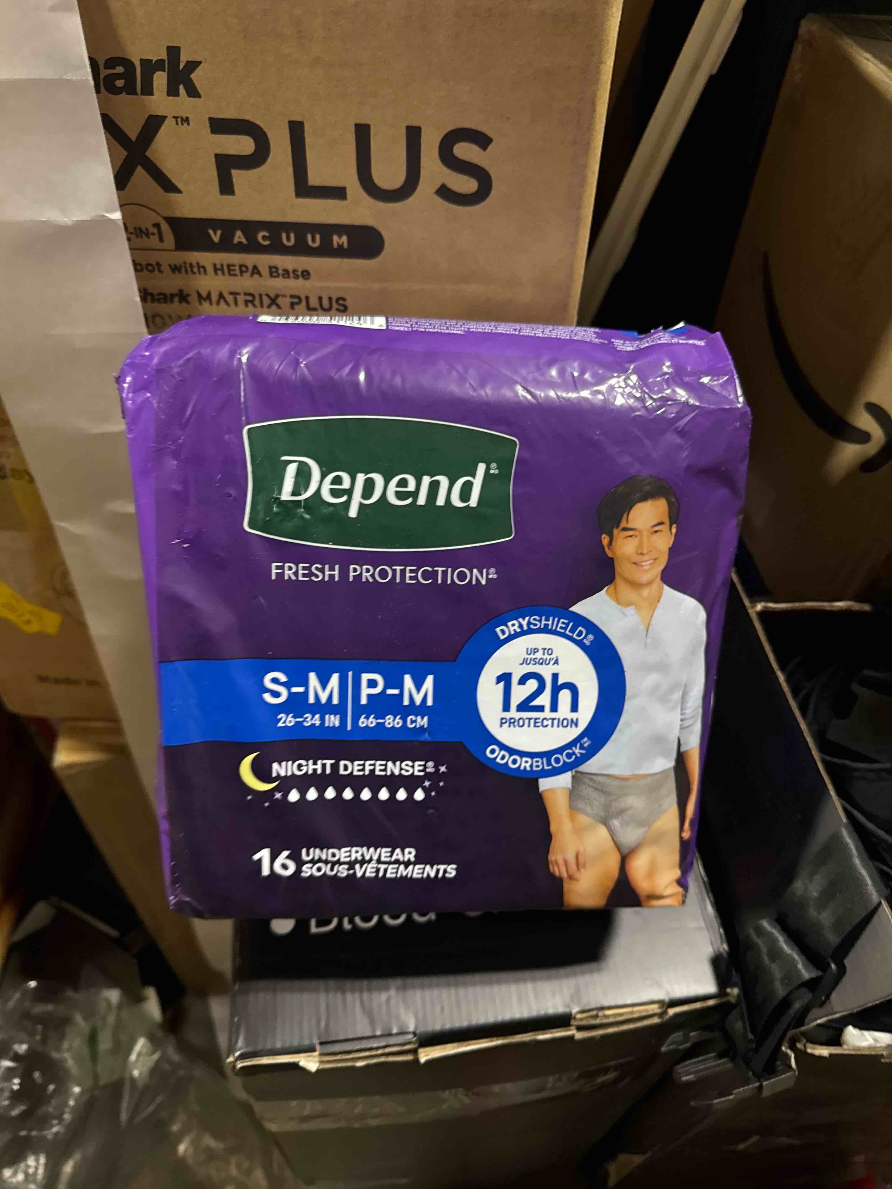 Condition photo showing New/Like New for Depend Night Defense Adult Diapers, Incontinence Underwear for Men, Disposable, Overnight, Small/Medium, Grey, 16 Count, Packaging May Vary Small/Medium 16