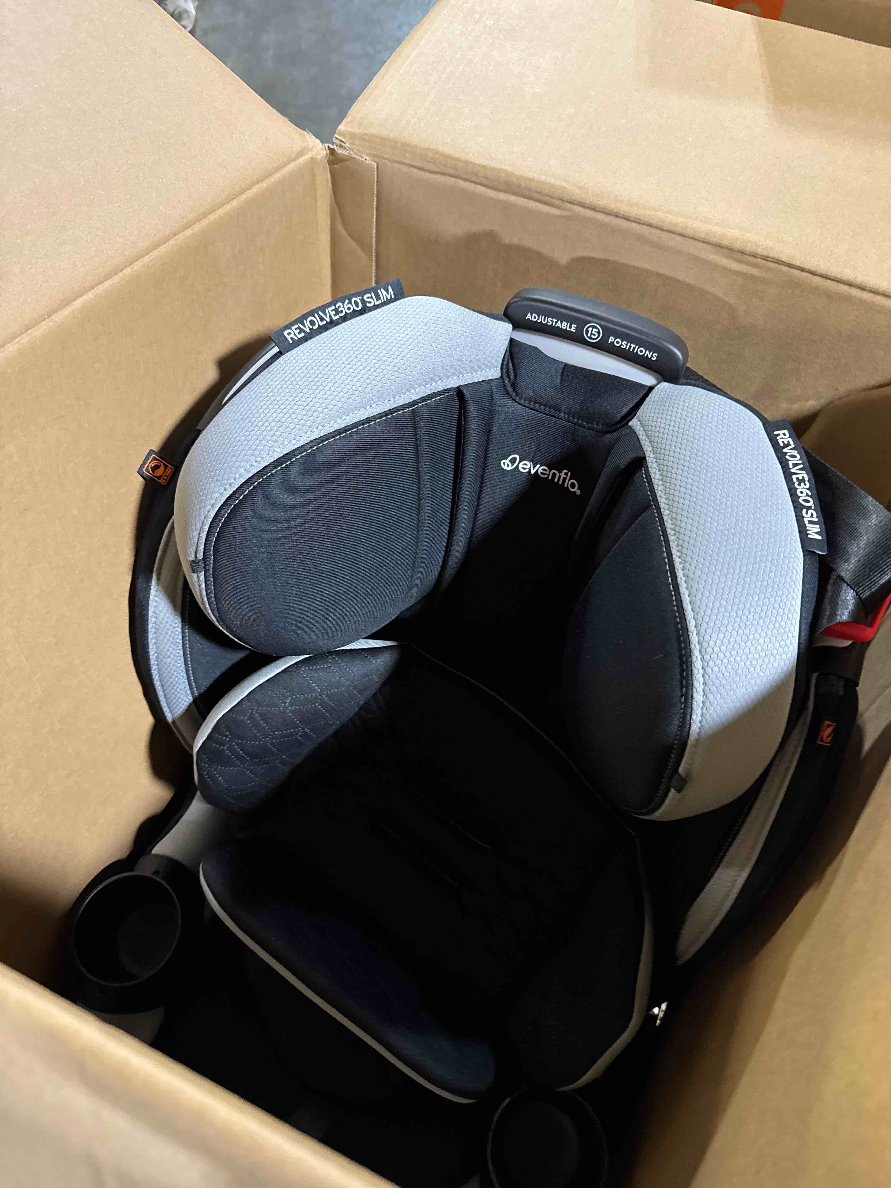 Condition photo showing New/Like New for Evenflo Revolve360 Extend Convertible Car Seat with 360 Degree Rotation, Extended Rear-Facing, Forward-Facing, Booster Mode, and Secure Latch Install, Revere Gray ( Not in Original Box But is New)