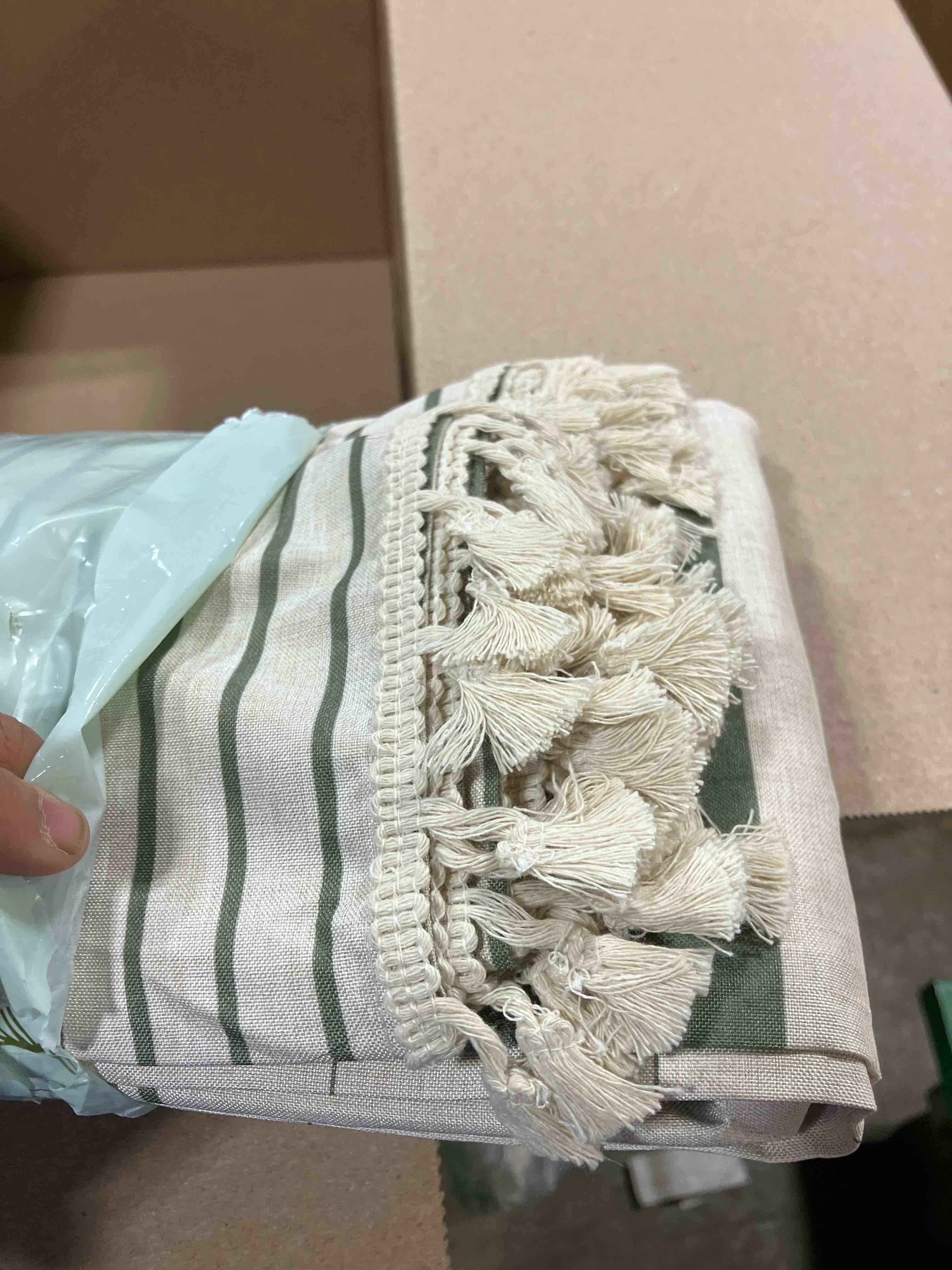 Condition photo showing New/Like New for AmazerBath Boho Shower Curtain, Modern Farmhouse Shower Curtain Set with Tassels, Rustic Faux Linen Green Striped Shower Curtain with Hooks, Light Tan Toned, 72x72 Inches Stripe Sage Green